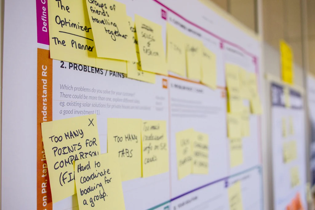 Improvement board covered in team notes during a working session