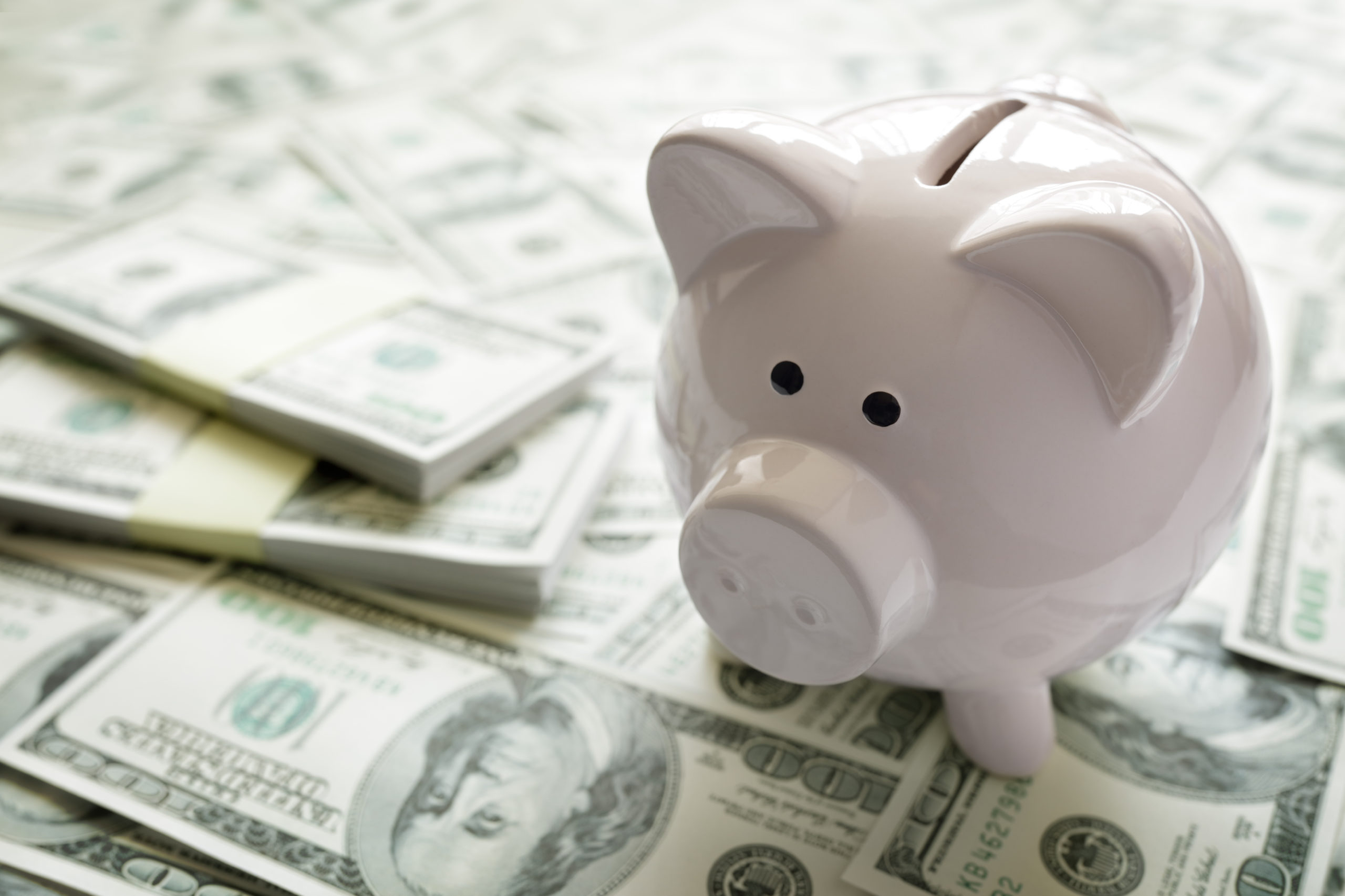 A piggy bank sitting on piles of cash