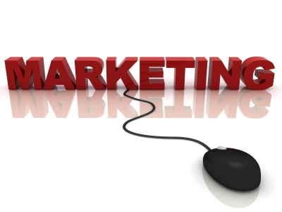 A computer mouse with a wire that leads to the word marketing